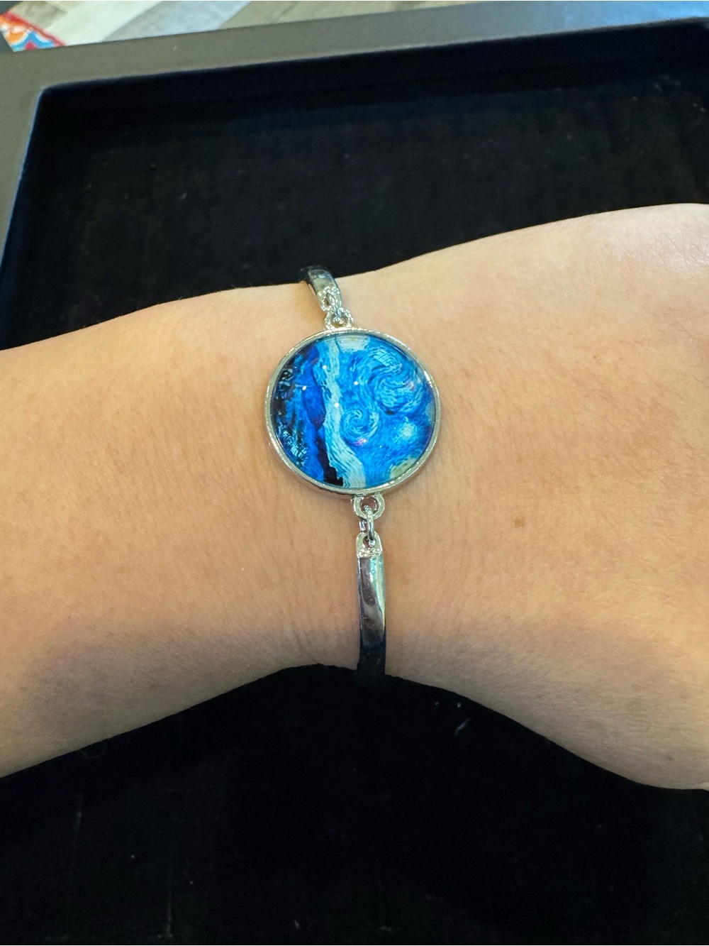 Van Gogh Starry Night Bracelet Silver Tone Glass Cabochon Art Bangle Jewelry
